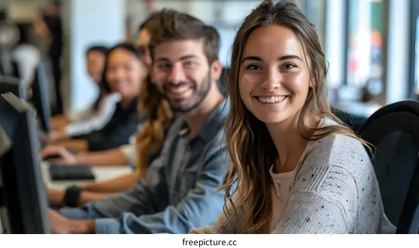 Smiling Young Businesswoman Working at Computer in Office