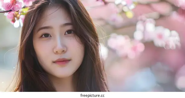 Asian Woman in Pink Blossoms