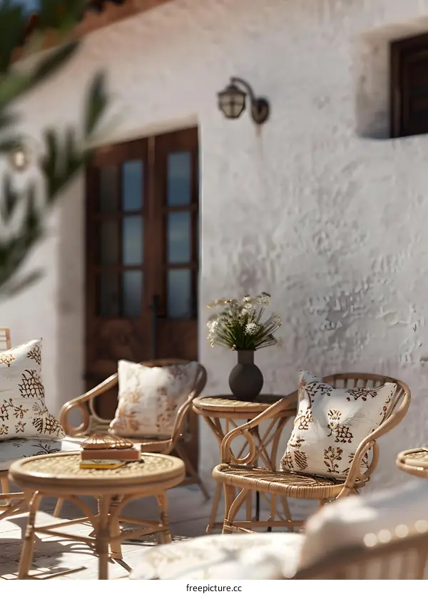 White Wall Patio with Wicker Furniture and Floral Arrangement