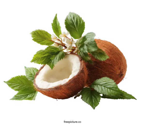 [Transparent Background PNG]Fresh Coconut with Leaves and Flowers