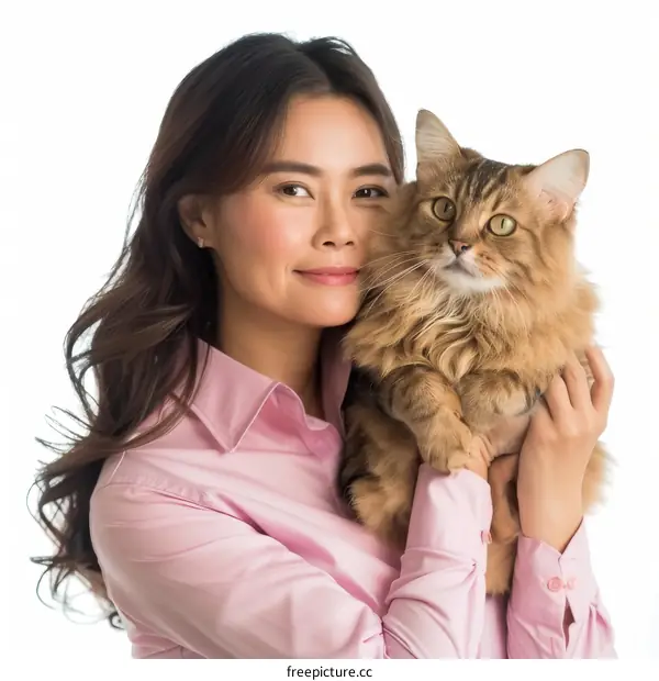 Asian woman hugging a fluffy cat
