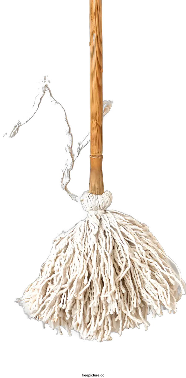 [Transparent Background PNG]Close Up of Wooden Handle Cotton String Mop