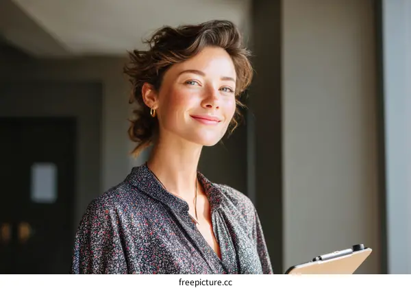 Confident Woman Holding Clipboard in Office Setting