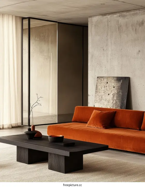 Modern Minimalist Living Room with Dark Wood Coffee Table and Orange Sofa