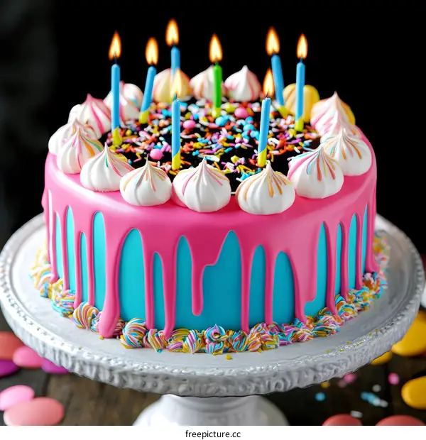 Colorful Birthday Cake with Dripping Glaze