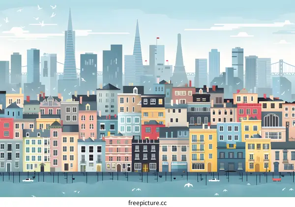 Colorful Cityscape with Skyline and Waterfront