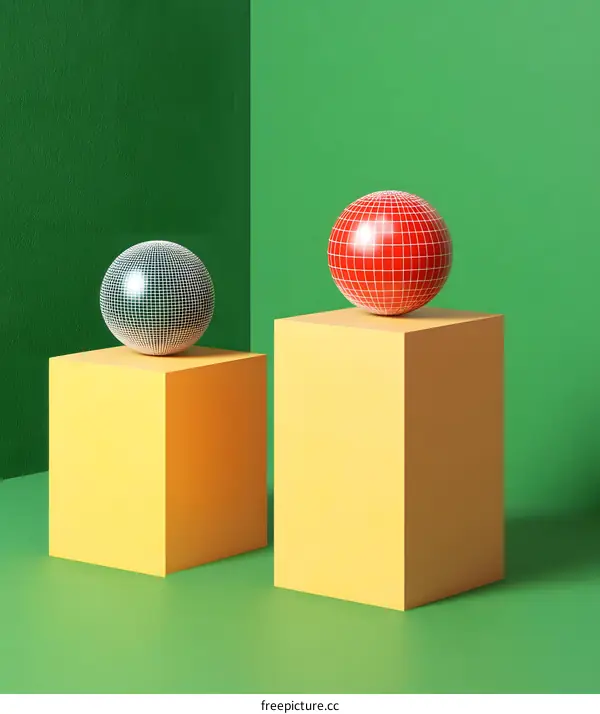 Abstract 3D Green and Yellow Background with Red and Black Spheres