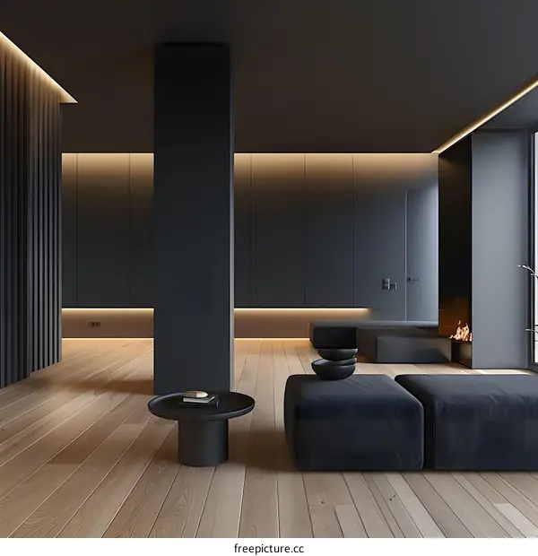 Minimalist Living Room Interior Design with Wooden Floor and Black Furniture