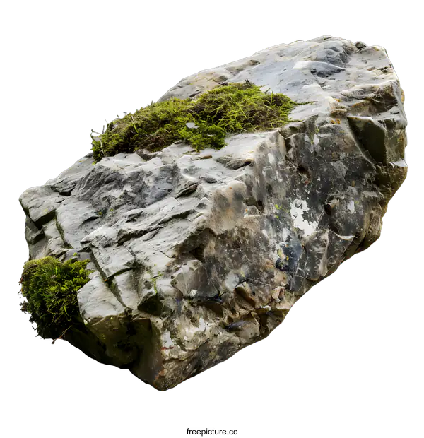 [Transparent Background PNG]Large Grey Rock with Moss Isolated on White Background