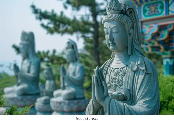 Stone statues of Avalokiteshvara, the bodhisattva of compassion, at the Jogyesa Temple in South Korea