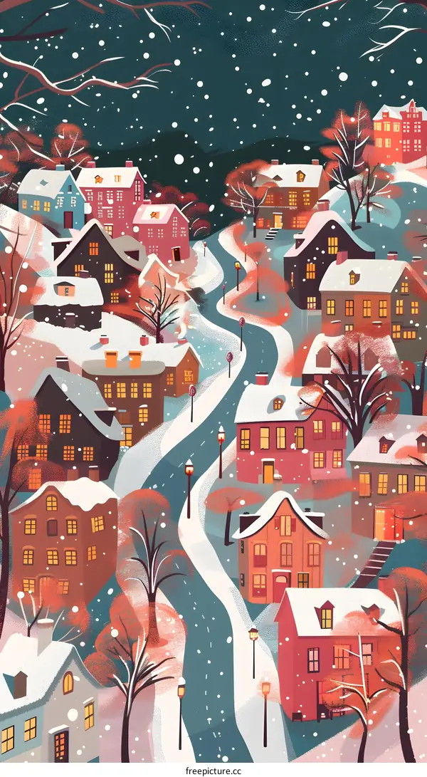 Snowy Village Winter Night Illustration