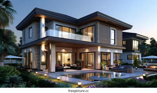 Modern Luxury Villa with Swimming Pool and Backyard Garden