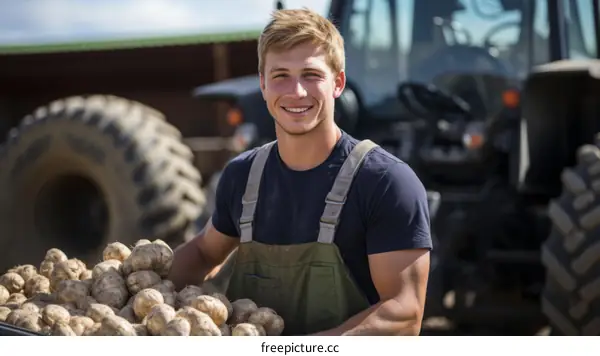 A young male farmer is harvesting potatoes in a field