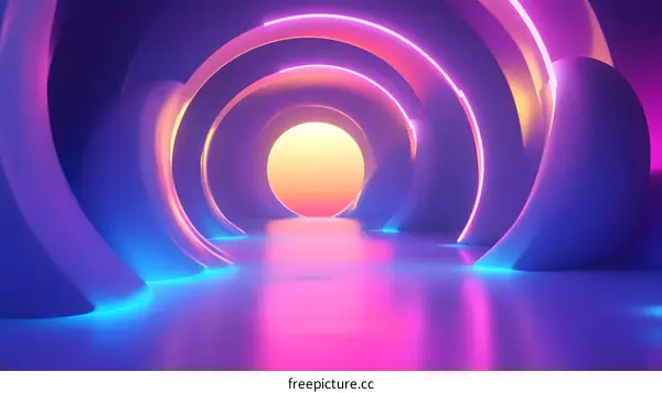 Abstract Neon Tunnel with Circular Shapes and Glowing Lights