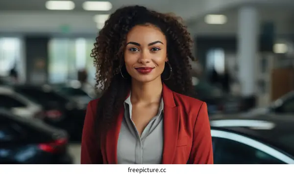 Portrait of a young African-American woman in a red suit standing in a car dealership