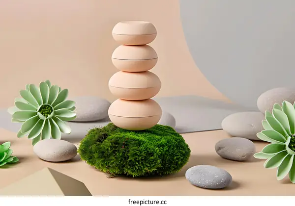 Minimalist Still Life with Stacked Ceramic Bowls and Green Moss
