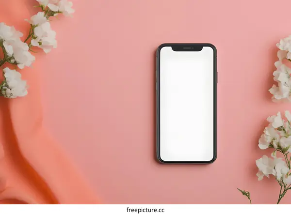 Flat Lay with Smartphone and Flowers on Pink Background