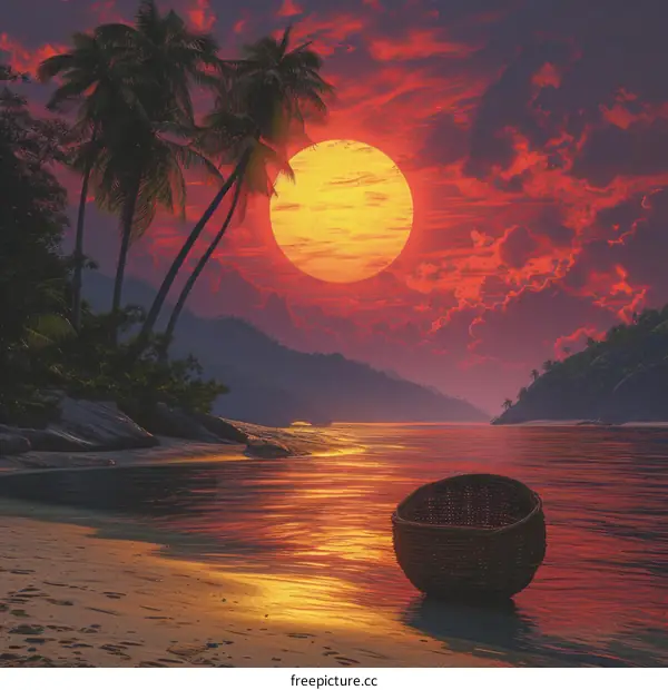 Tropical Sunset with Palm Trees and Boat