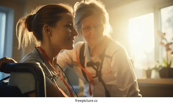 Caregiver and elderly woman smiling at each other