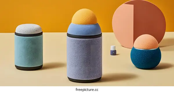 Three Cylindrical Objects with Different Colored Tops on a Yellow Background
