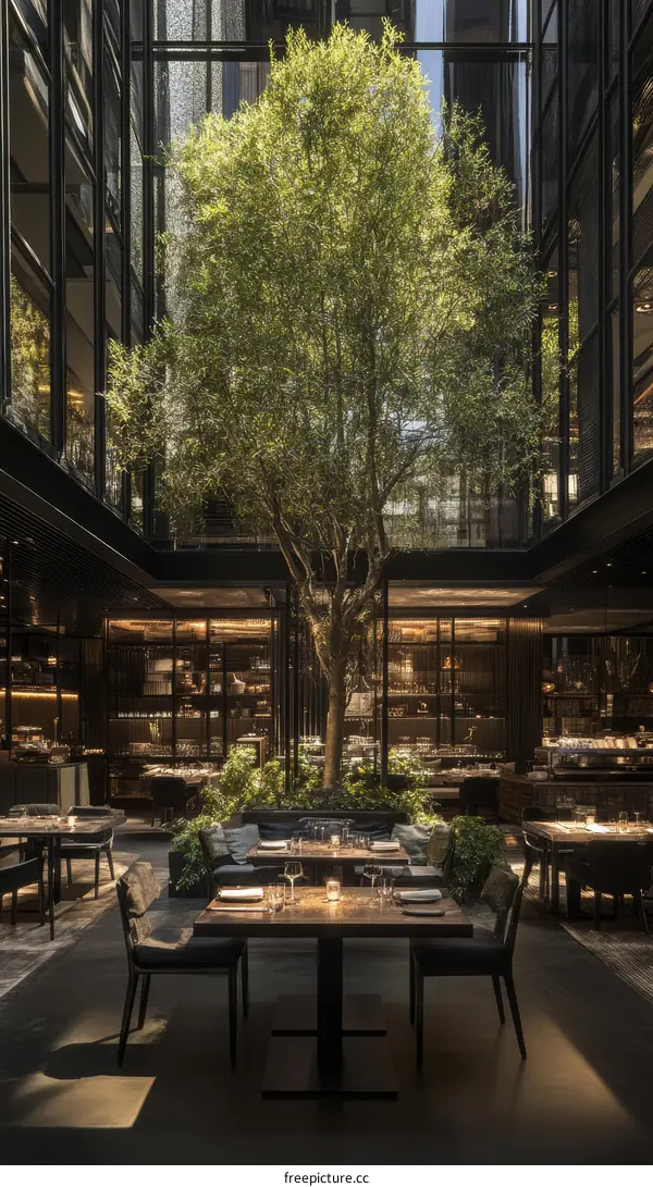 Modern Restaurant Interior with Central Tree