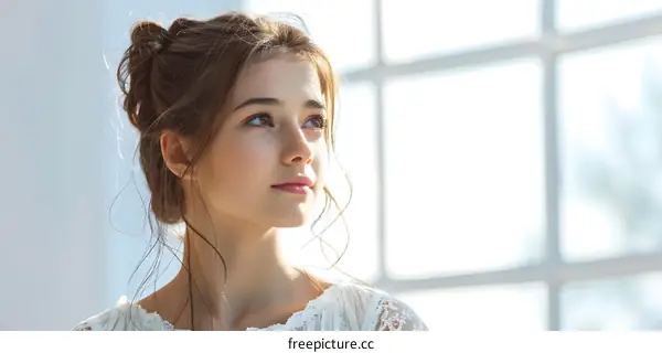 portrait of a beautiful young woman with brown hair wearing a white dress looking out the window