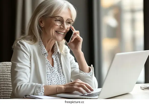 Business Woman Talking on Phone and Working on Laptop