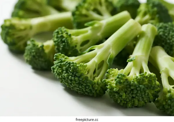 Fresh Green Broccoli Florets Close Up on White Background