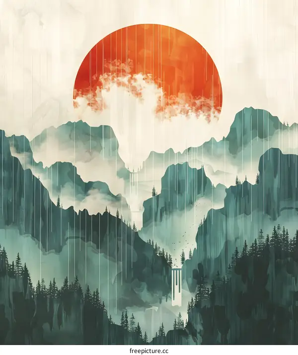 Watercolor Painting of Mountains and a Setting Sun