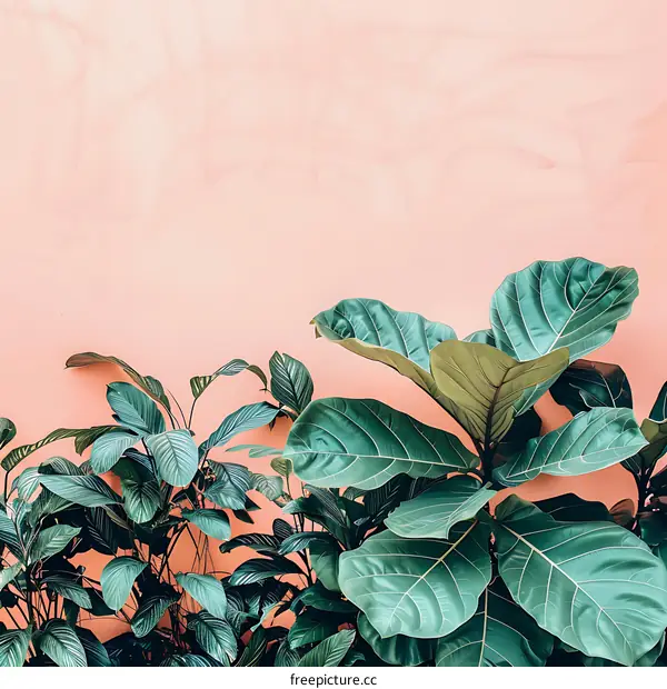 Green Leaves Against Pink Wall Background
