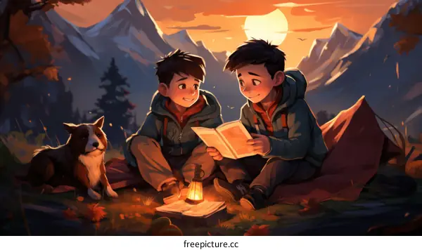Two friends reading a book while camping under the sunset