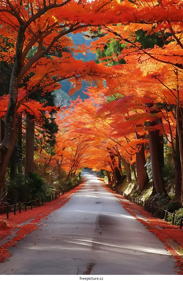 Autumn Road in Japan with Red Maple Trees