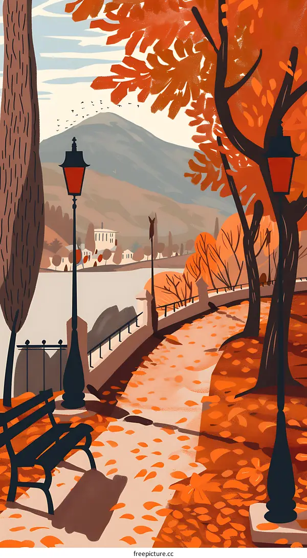 Autumn Landscape with Bench and Lamp Posts