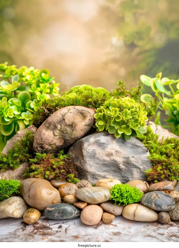 Green Moss and Rocks with Blurred Background