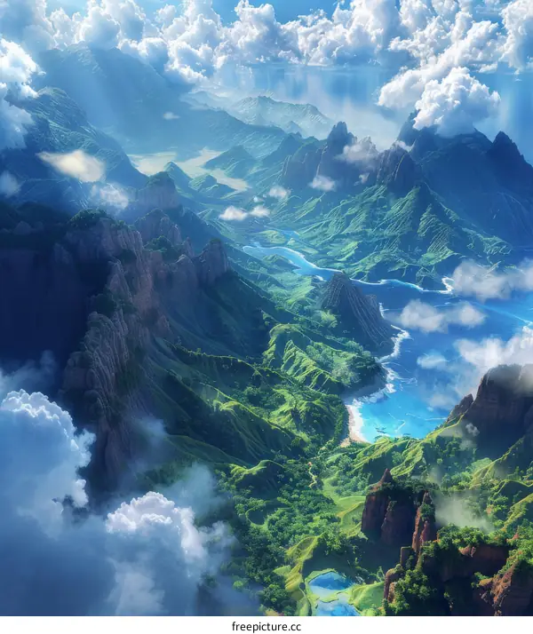 Aerial View of Lush Green Mountains and Clouds
