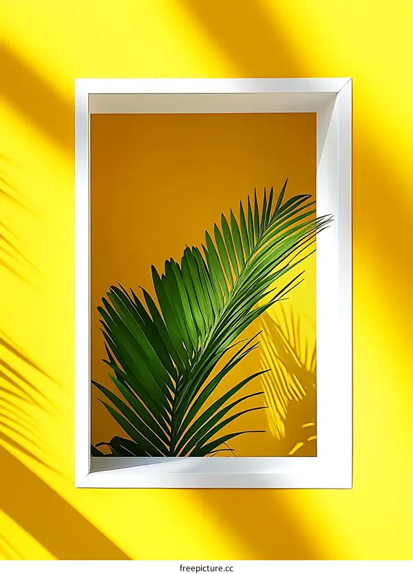 White Frame with Green Palm Leaf Against Yellow Wall