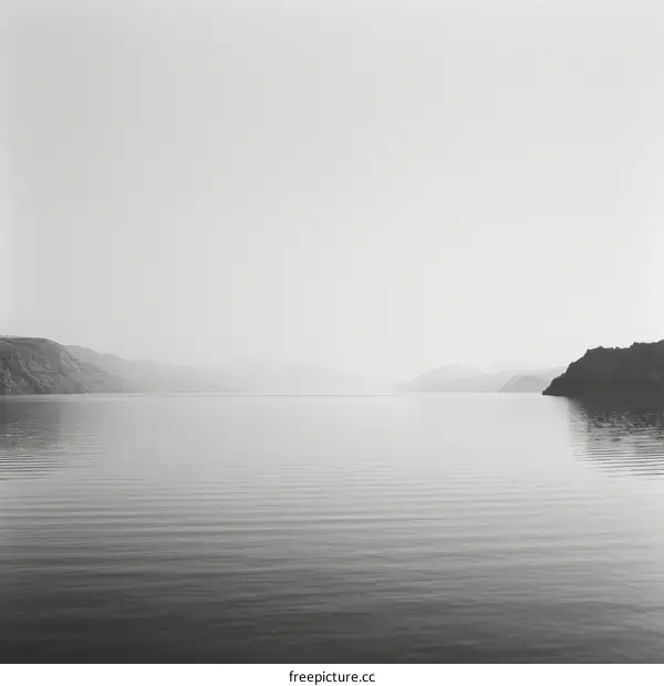 Black and white photo of a calm lake with distant mountains