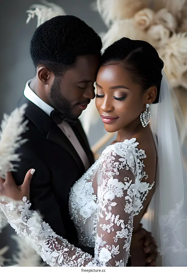 A beautiful black couple is getting married. The bride is wearing a white wedding dress with a long veil. The groom is wearing a black tuxedo with a white bow tie.