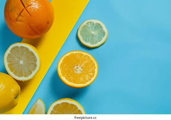 Yellow and Blue Citrus Fruit Flat Lay