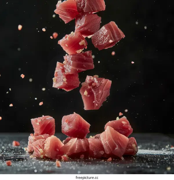 Falling pieces of raw tuna