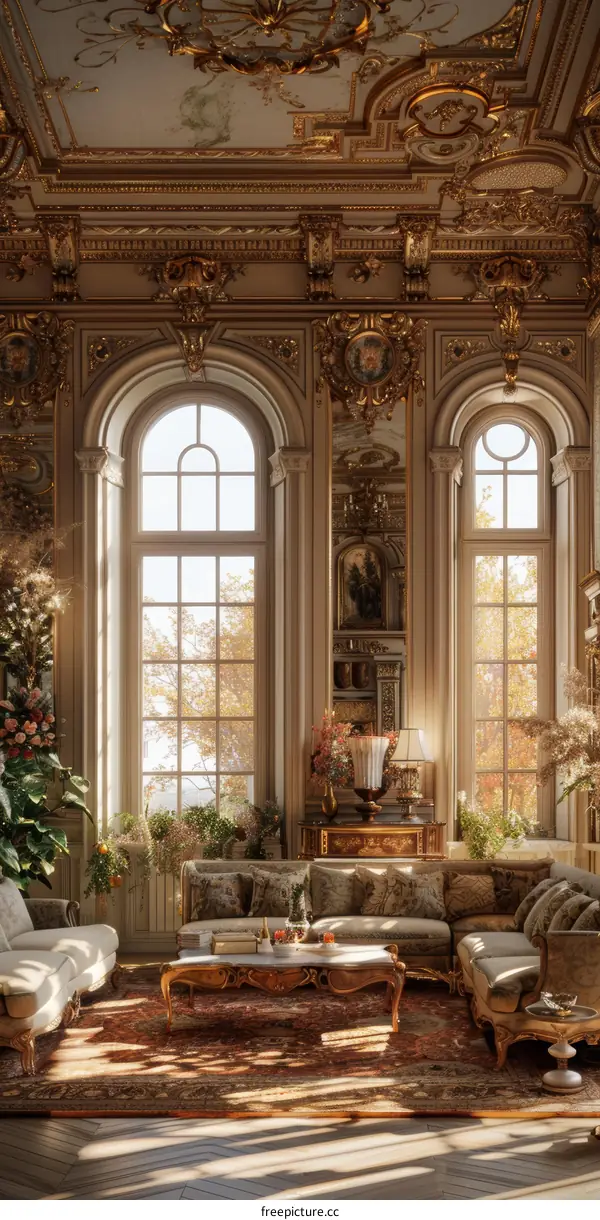 European Living Room in Golden Hues and Sunlight