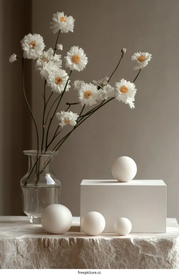 Minimalist Still Life with White Flowers and Decorative Objects