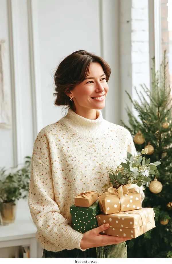 Woman Holding Christmas Presents in a Cozy Room
