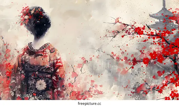 Woman in Kimono with Cherry Blossoms