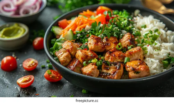 A delicious and healthy meal with chicken, vegetables, and rice.