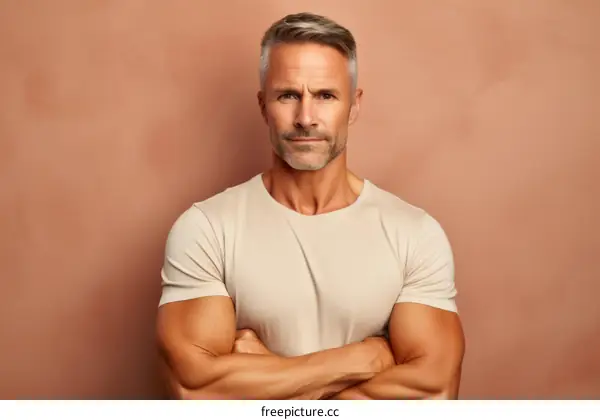 Handsome muscular man with grey hair and beard in beige t-shirt posing with crossed arms