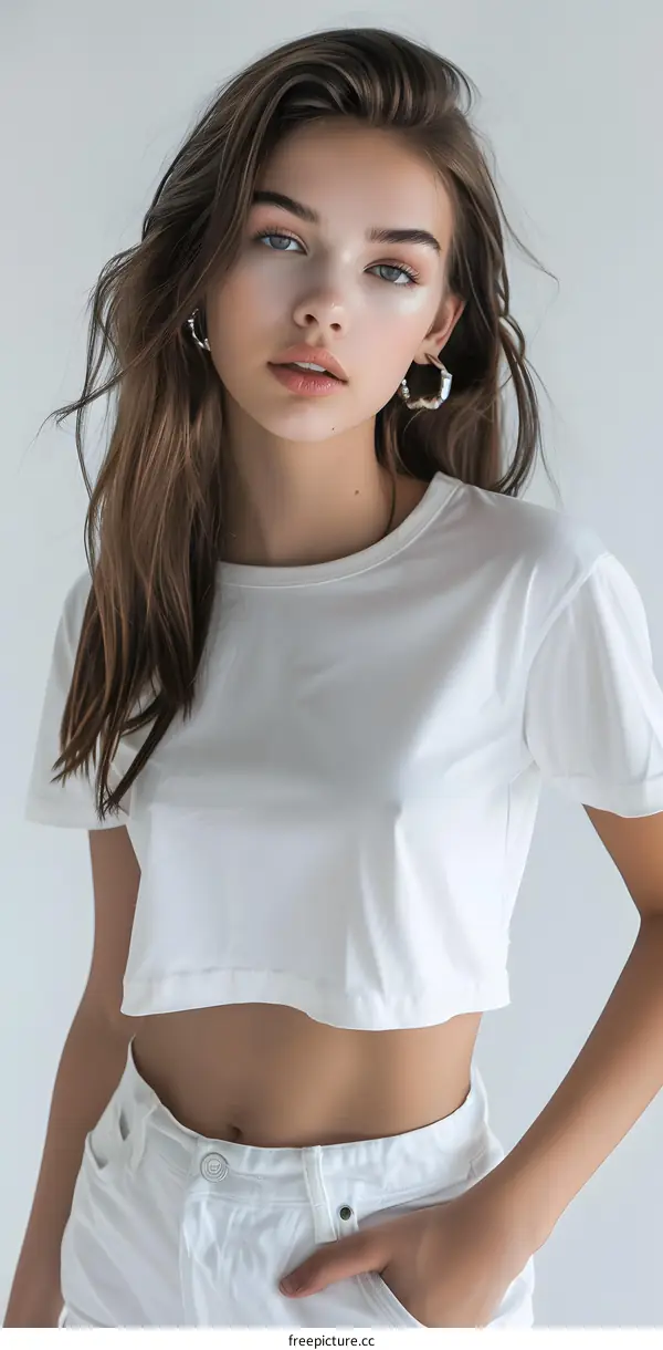 Young Woman in White Crop Top and Jeans Looking at the Camera
