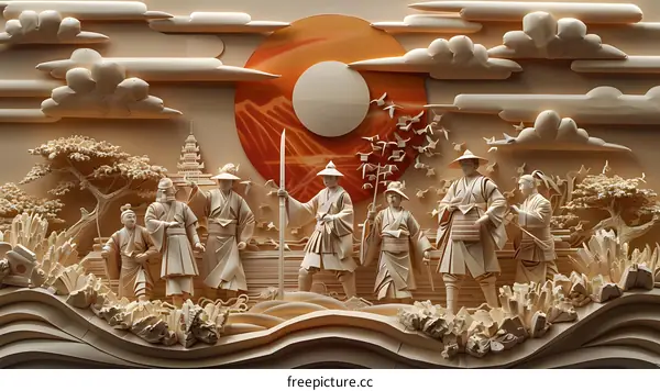 Papercut Art Of People In Traditional Clothes With Sunset And Mountains Background