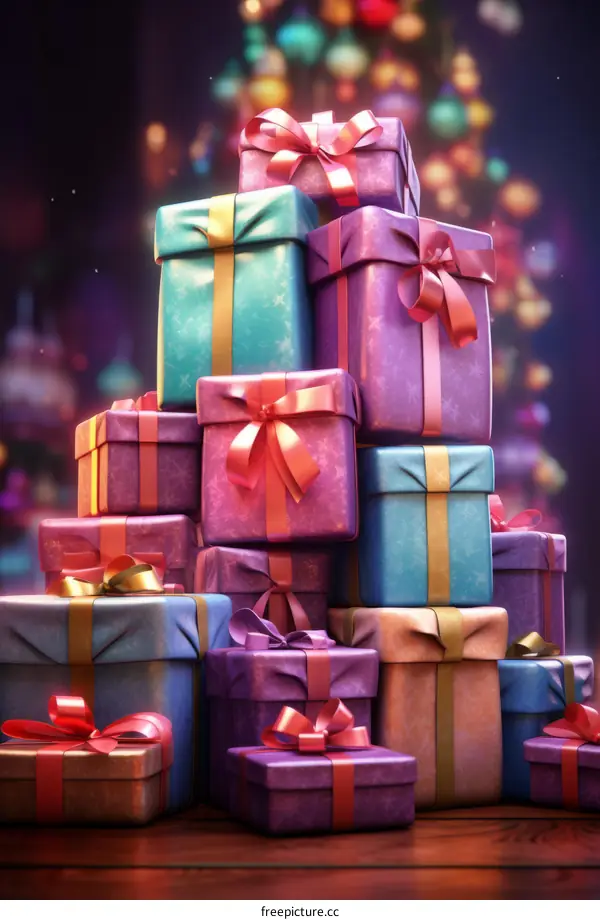A stack of wrapped presents with a blurred Christmas tree in the background