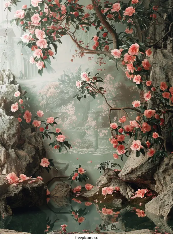 Pink Flowers Reflecting in a Pond